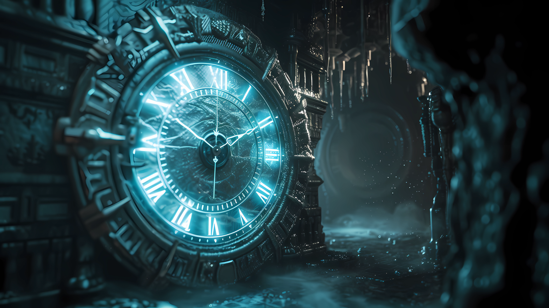 HD desktop wallpaper featuring a mystical clock with intricate gears immersed in a blue-lit, fantasy sci-fi environment.