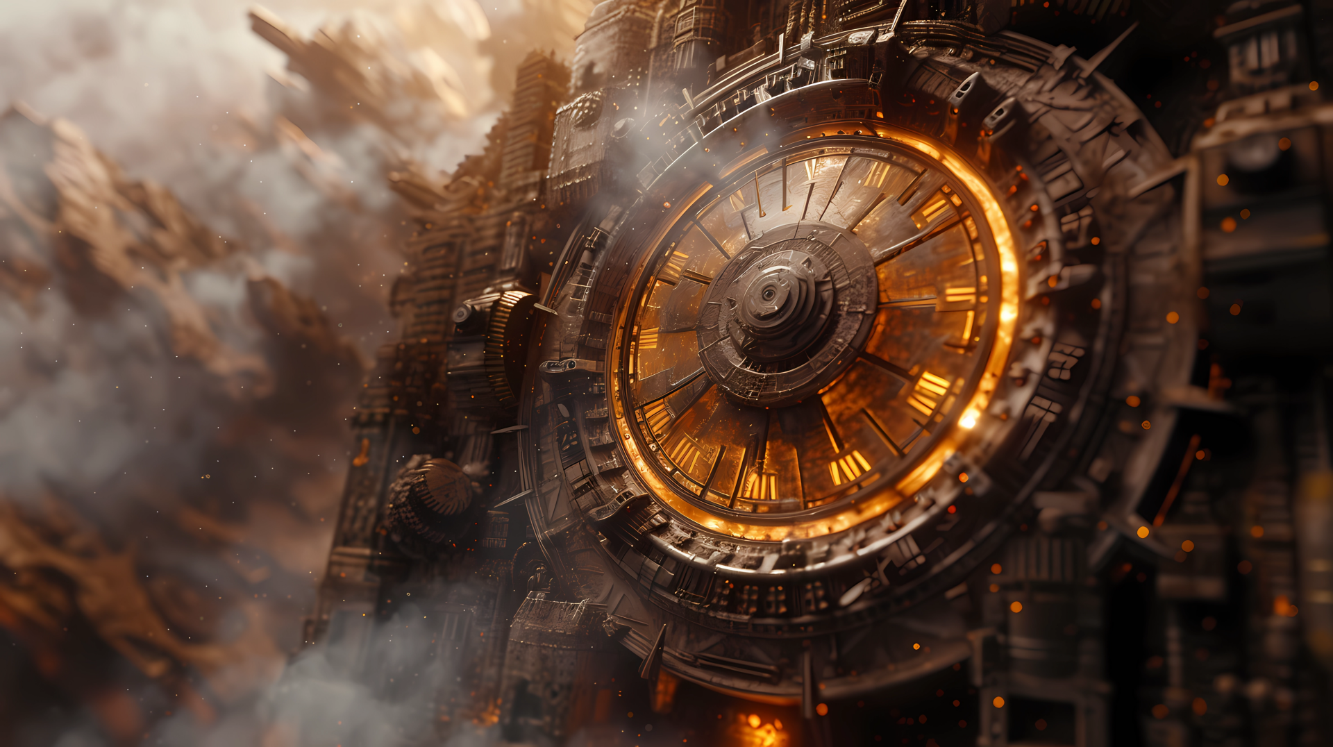 HD wallpaper featuring a fantastical clockwork city with a prominent, intricately designed central clock, set in a dynamic, sci-fi environment.
