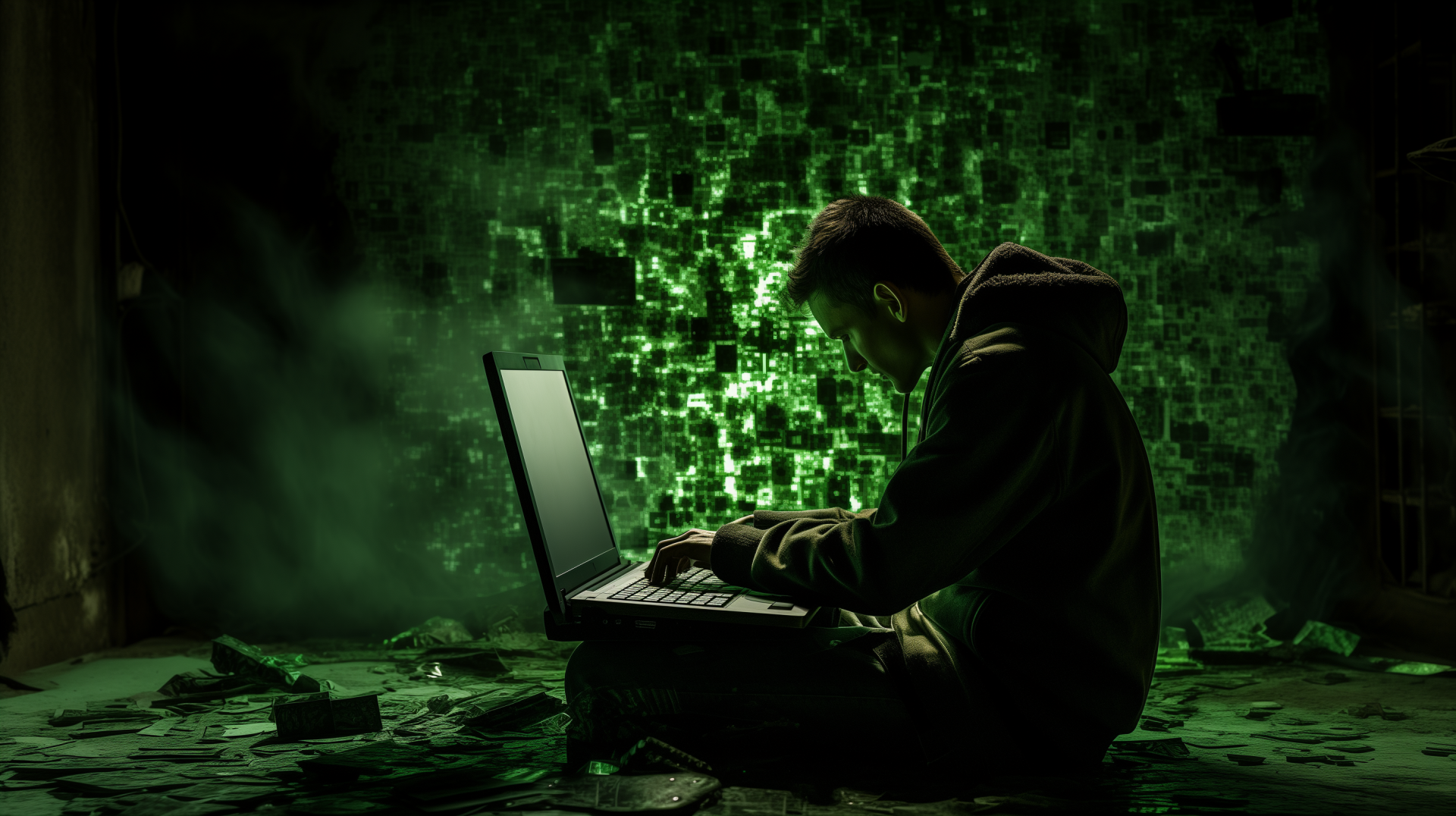 Silhouette of a person with a hoodie hacking on a laptop with glowing green binary code on the screen, HD wallpaper for desktop background.