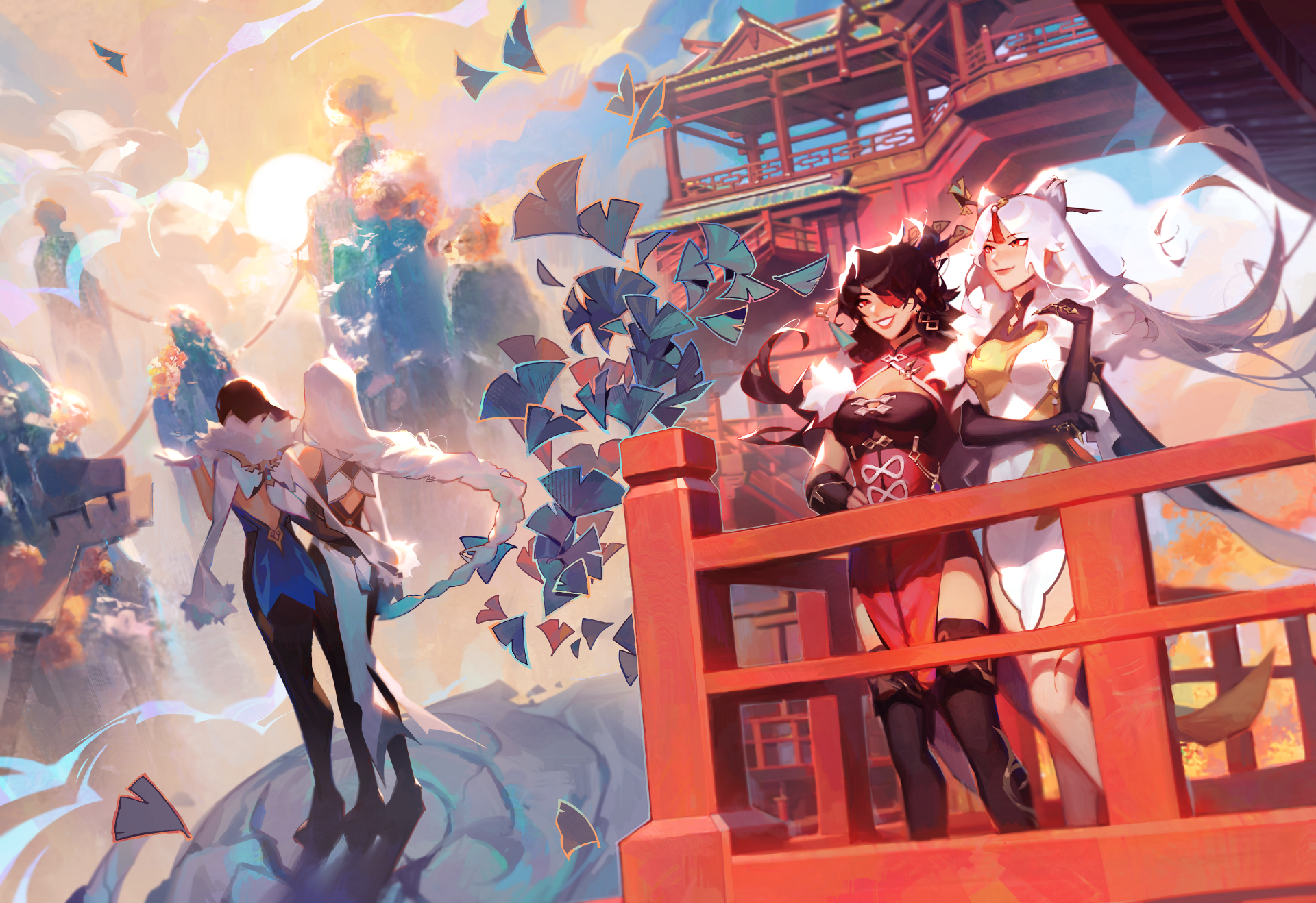 4K Ultra HD Genshin Impact wallpaper featuring characters Beidou, Ningguang, Yelan, and Shenhe in a vibrant, detailed landscape with dynamic lighting.