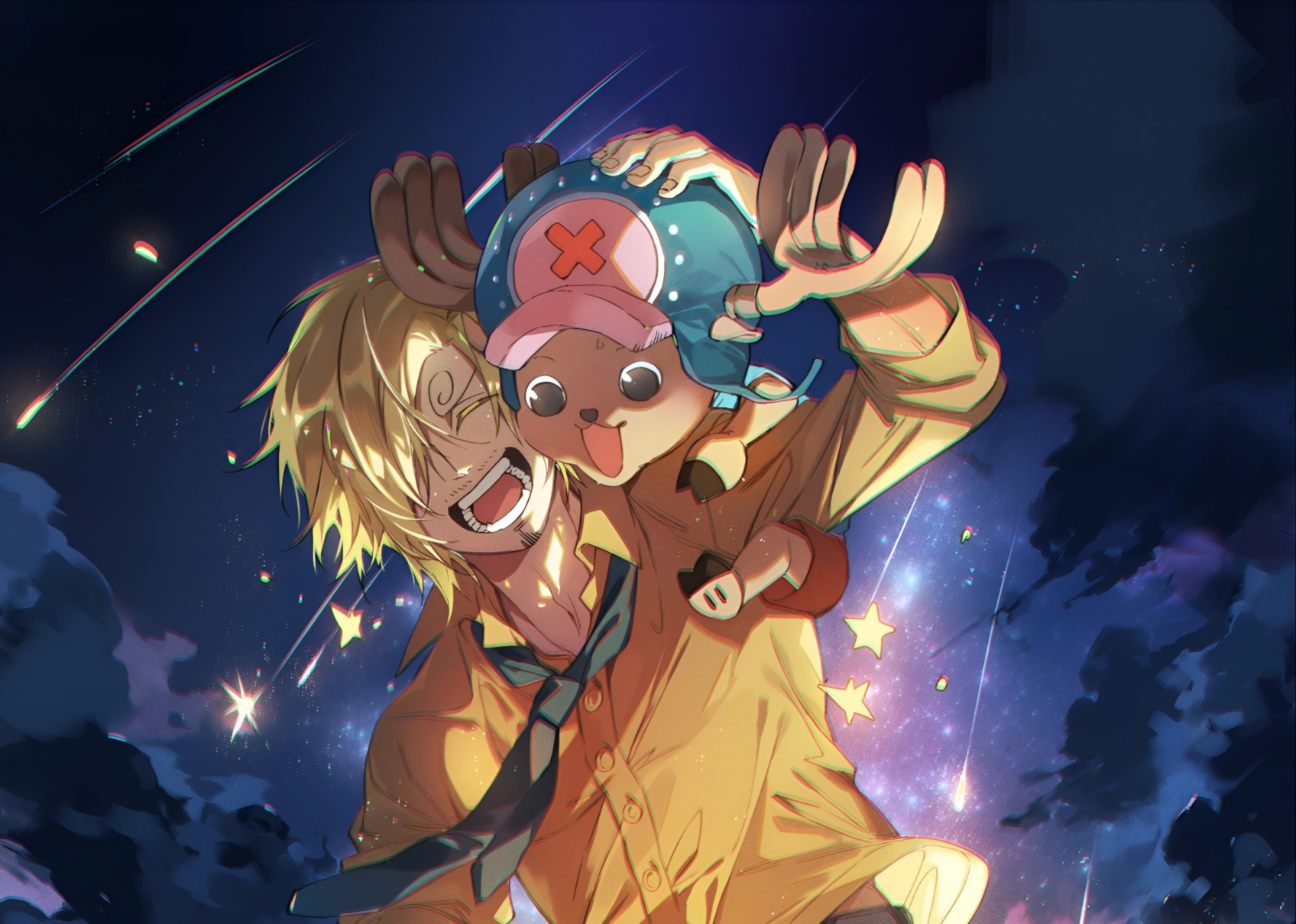 Anime HD desktop wallpaper featuring Sanji and Tony Tony Chopper from One Piece sharing a joyful moment under a starry night sky.