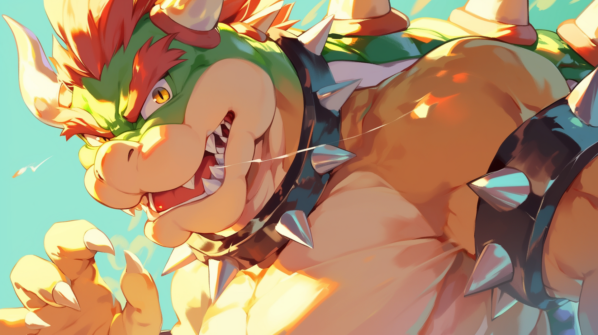 HD desktop wallpaper featuring Bowser from the Mario series, showcasing a vibrant and dynamic close-up illustration of the character in action for a lively background.