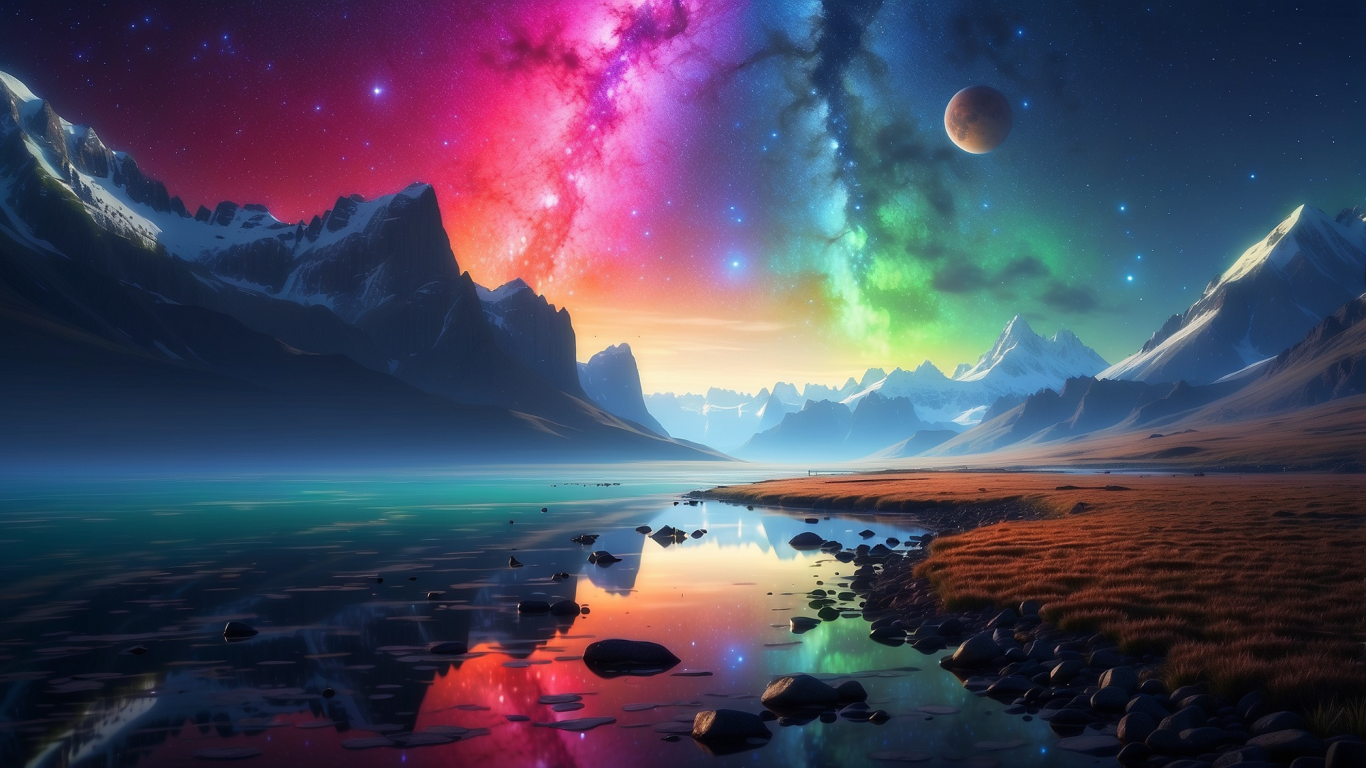 Vivid HD desktop wallpaper showcasing a snowy mountain landscape under vibrant Northern Lights with a colorful night sky, distant planets, and serene reflective water.