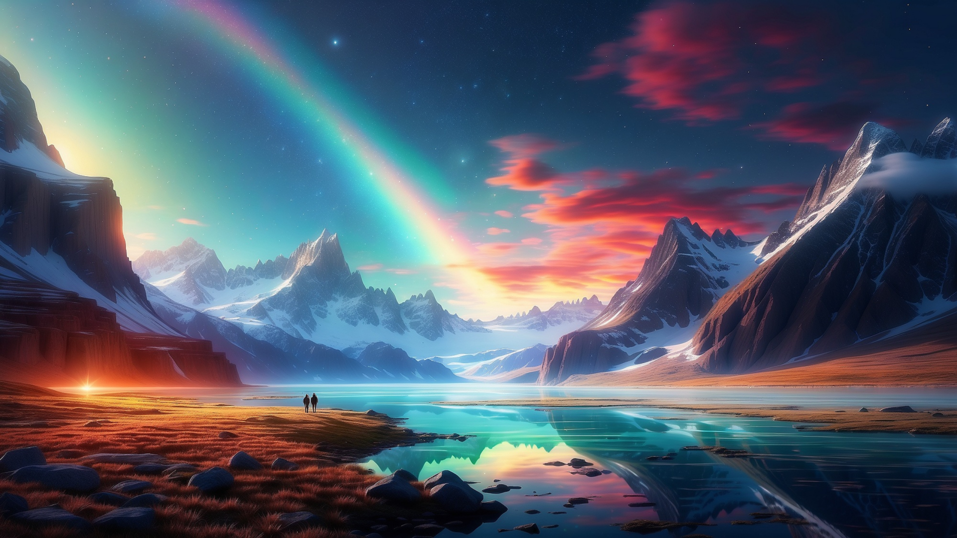 2K Quad HD PC desktop wallpaper: Northern Lights over space and a distant planet, illuminating snow-capped peaks and a Snowy Mountain reflected in an icy lake.