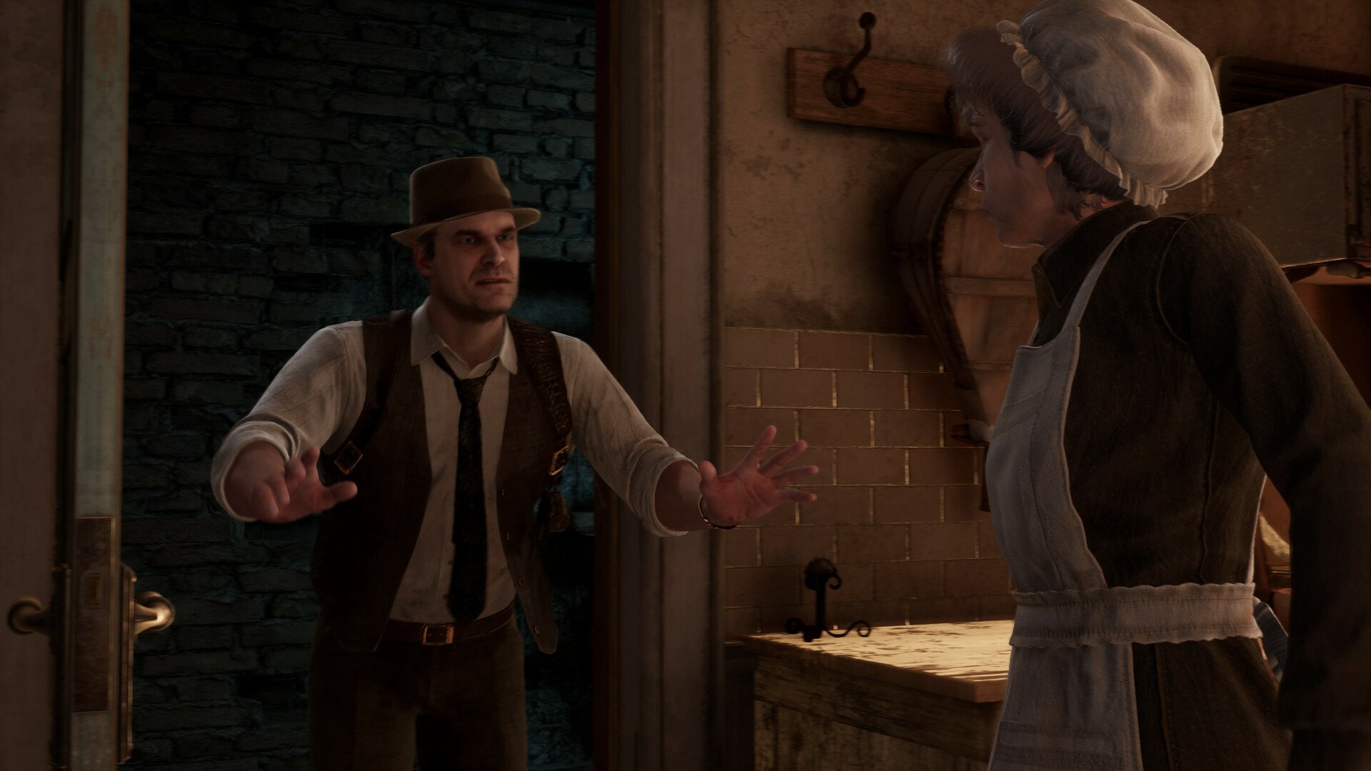 HD wallpaper featuring a cinematic scene from the video game Alone in the Dark (2024), depicting a male character in a fedora talking to a female character dressed as a maid.