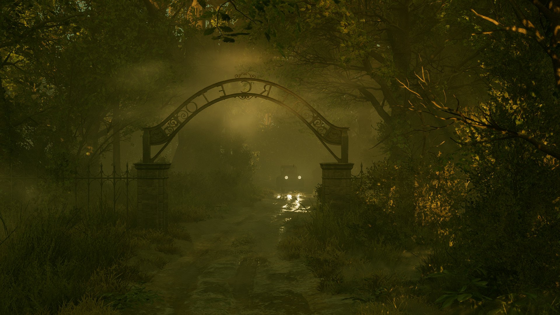 A mystical, foggy pathway leads through an overgrown archway, capturing the eerie atmosphere of Alone in the Dark (2024) in this HD desktop wallpaper.