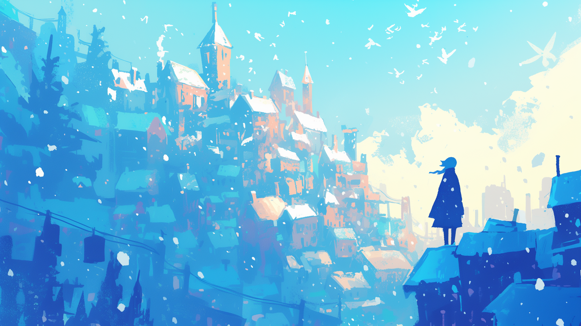 HD desktop wallpaper featuring an illustrated snowy city scene with a figure overlooking the wintry landscape