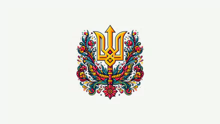 Stylized Ukrainian coat of arms adorned with vibrant floral patterns, presented as a 4K Ultra HD PC desktop wallpaper and background.