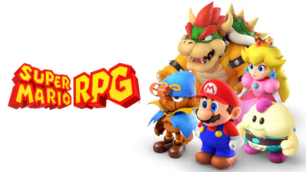 HD desktop wallpaper of Super Mario RPG (2023) featuring Mario, Peach, Bowser, and other characters in vibrant, detailed graphics.