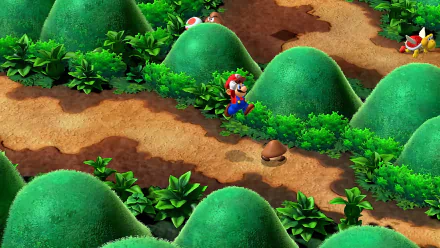 HD desktop wallpaper of Super Mario RPG (2023) featuring Mario in a vibrant forest environment with iconic green hills and game characters.