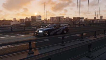 HD PC desktop wallpaper featuring an abstract-style BMW M3 GTR on an urban bridge at sunset.