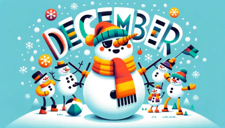HD desktop wallpaper featuring cheerful snowmen with colorful accessories under the word DECEMBER in festive, 3D letters.