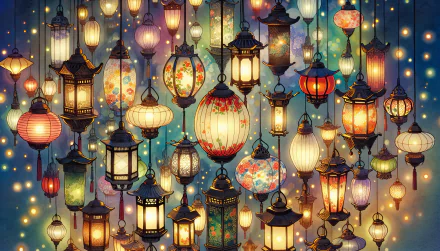 HD desktop wallpaper featuring a collection of illuminated lanterns with a variety of patterns and colors against a night sky.