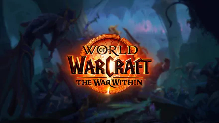 HD desktop wallpaper for World of Warcraft: The War Within, featuring the game’s logo over a mystical forest background.