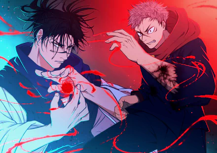 HD desktop wallpaper featuring Choso and Yuji Itadori from Jujutsu Kaisen. Choso wields an energy orb while Yuji appears determined, creating a dynamic and intense scene from the anime.