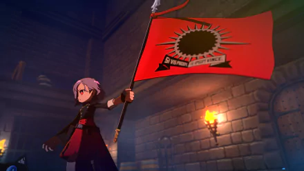 HD desktop wallpaper featuring a character from Persona 5 Tactica holding a flag with a red sunburst emblem, set against a dimly lit brick dungeon background.
