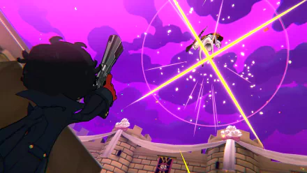 A dynamic HD wallpaper from Persona 5 Tactica, featuring a character aiming a gun upwards as colorful beams of light cross the dramatic purple sky.