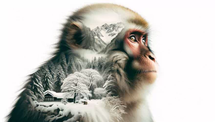 A serene snow monkey featuring a snowy landscape and mountains within its silhouette, creating a stunning HD desktop wallpaper and background.