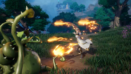 HD Tarisland fantasy wallpaper featuring a magic-wielding character casting a fire spell in a lush, mystical landscape with creature companions.