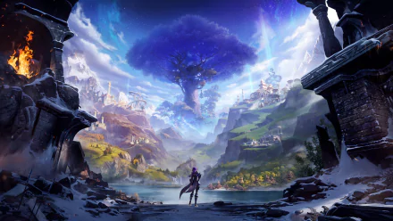 HD desktop wallpaper of Tarisland featuring an enchanting fantasy landscape with a warrior overlooking a picturesque valley under a mystical sky.