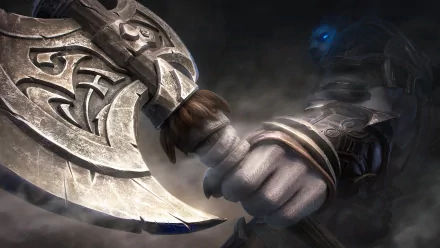HD wallpaper of a fantasy warrior's armored hand gripping a battle axe on a mystical Tarisland-themed background.