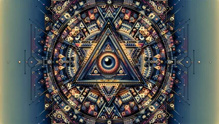 HD desktop wallpaper featuring an ornate Illuminati-inspired triangle design with an eye motif and intricate geometric patterns.