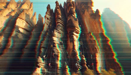 HD desktop wallpaper featuring an abstract artistic interpretation of rock climbing on towering cliffs with vibrant digital effects.