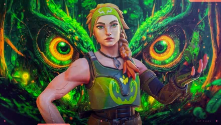 HD PC desktop wallpaper featuring Skye from the video game Valorant, with vibrant green tones and a fierce, glowing owl backdrop.