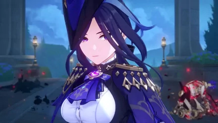 HD desktop wallpaper featuring Clorinde from Genshin Impact, showcasing her captivating design and character against a richly detailed background.