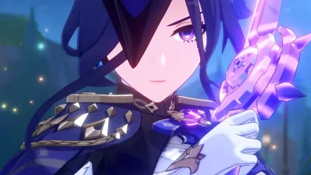 A high-definition desktop wallpaper featuring Clorinde from Genshin Impact, showcasing her fierce expression and elegant sword amidst a magical, colorful background.