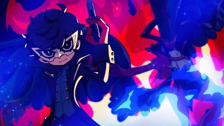 A dynamic HD wallpaper from Persona 5 Tactica, featuring a character wielding a gun against a vibrant, colorful backdrop, capturing the game's unique art style and energy.