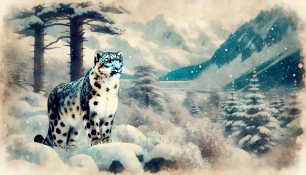 A majestic snow leopard stands in a snowy landscape, surrounded by trees and mountains, creating a serene HD desktop wallpaper and background.