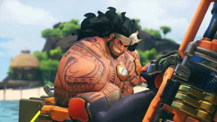 HD desktop wallpaper featuring Mauga from Overwatch 2, showcasing his muscular build and distinct tattoos, set against a vibrant beach backdrop.