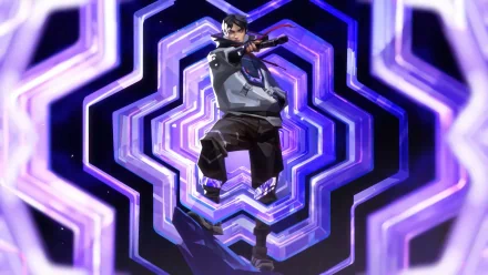 Valorant's Iso character wielding a weapon in dynamic pose with blue hexagonal patterns, HD wallpaper for desktop background.