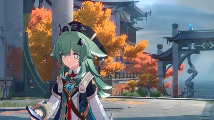 HD desktop wallpaper featuring Huohuo from Honkai: Star Rail, set against a vibrant backdrop of autumn foliage and traditional architecture.