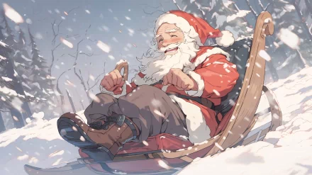 A joyful Santa Claus in a red suit rides a sled through a snowy landscape, embodying the spirit of the holiday season. This festive HD wallpaper captures the magic of Christmas.