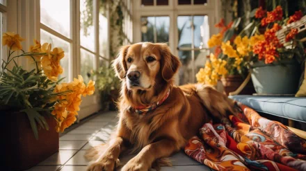 A golden retriever lounges on a colorful blanket surrounded by vibrant yellow flowers in a sunlit indoor space, creating a beautiful HD desktop wallpaper.