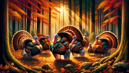 Colorful turkeys in a sunlit autumn forest HD wallpaper background.
