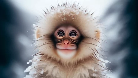 A charming snow monkey with wide eyes and a fluffy head is featured against a snowy backdrop, making a captivating HD desktop wallpaper and background.