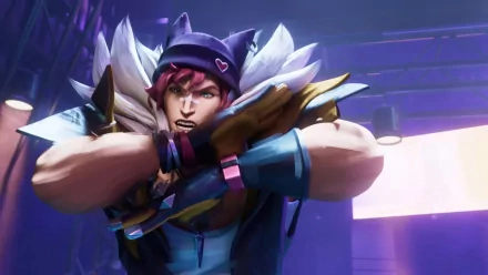 HD desktop wallpaper featuring Sett from League of Legends equipped with Heartsteel, set against a vibrant purple background.