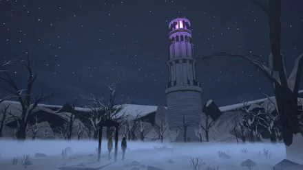 HD desktop wallpaper featuring an atmospheric scene from Stray Gods: The Roleplaying Musical with a glowing tower at night amidst a snowy landscape and a starry sky.