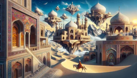 HD Prince of Persia-themed desktop wallpaper featuring a mystical desert cityscape with floating palaces and a lone rider on horseback.