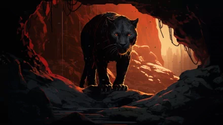 A striking HD wallpaper of a black panther emerging from a cave, bathed in warm light and surrounded by rocky terrain, showcasing the animal's powerful presence and mystique.