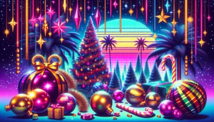Vibrant HD Christmas Wallpaper with Retro Neon Lights, Decorated Tree, and Gifts