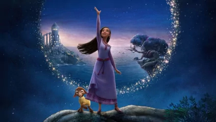 Magical night scene with animated girl and goat from Wish (2023) as HD desktop wallpaper and background.