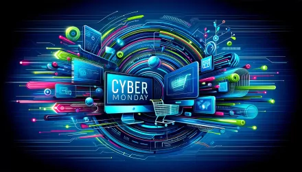 Cyber Monday themed HD desktop wallpaper featuring a dynamic digital design with technology and shopping elements swirling around the words 'Cyber Monday'.