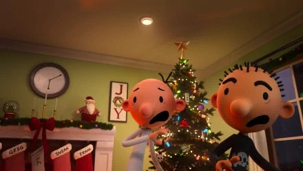 HD desktop wallpaper depicting characters from Diary of a Wimpy Kid: Cabin Fever celebrating Christmas in a festive room with a decorated tree and stockings.