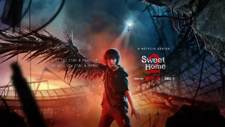 HD desktop wallpaper featuring a character from the Netflix series Sweet Home amidst a dramatic, apocalyptic setting, with the series title and premiere date displayed.