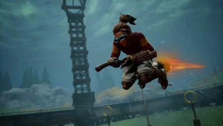 Harry Potter themed Quidditch player flying on a broomstick in a magical stadium HD wallpaper.