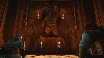 HD desktop wallpaper of The Lord of the Rings: Return to Moria featuring a dwarf statue in a majestic hall.